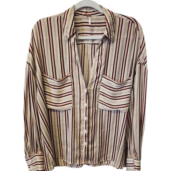 Free People Mad About You Red Striped Satin Deep Neckline Button Up Shirt Large - Picture 2 of 9